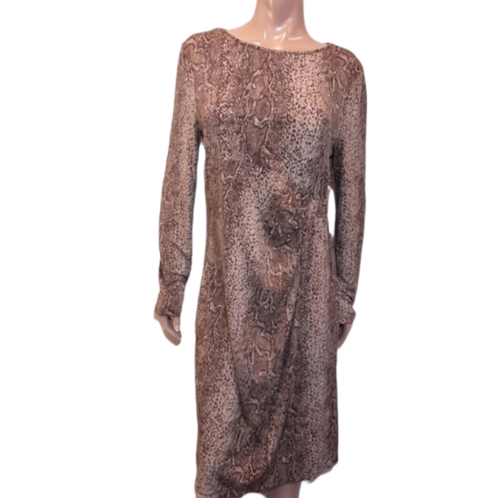 Anne Klein Snake Print Dress Long Sleeve Gathered Stretch Brown Womens Size XL